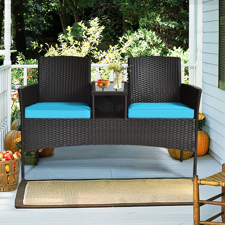 Gymax Rattan Wicker Patio Conversation Set w/ Loveseat Table Turquoise Cushion Image 3