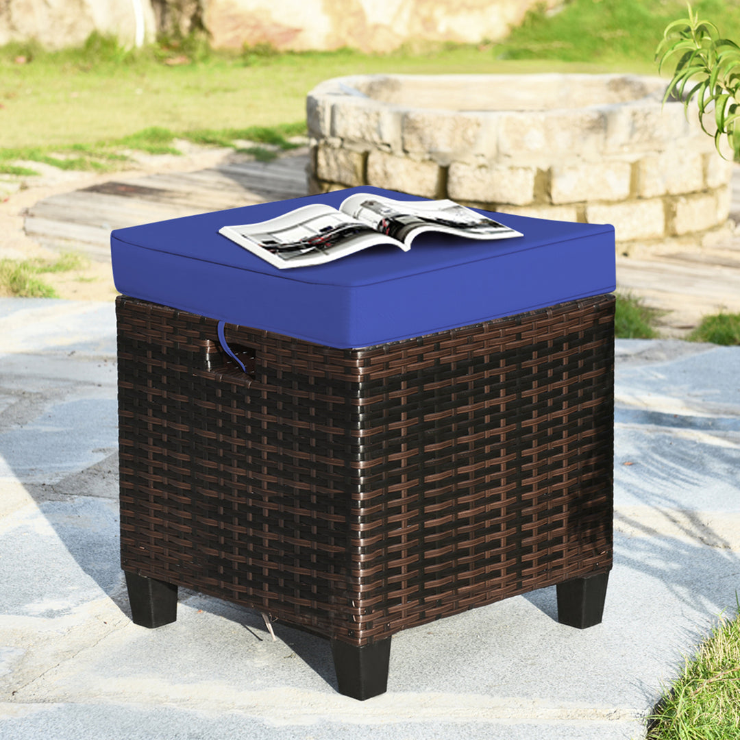 Set of 2 Patio Rattan Ottoman Footrest Garden Outdoor w/ Navy Cushion Image 5