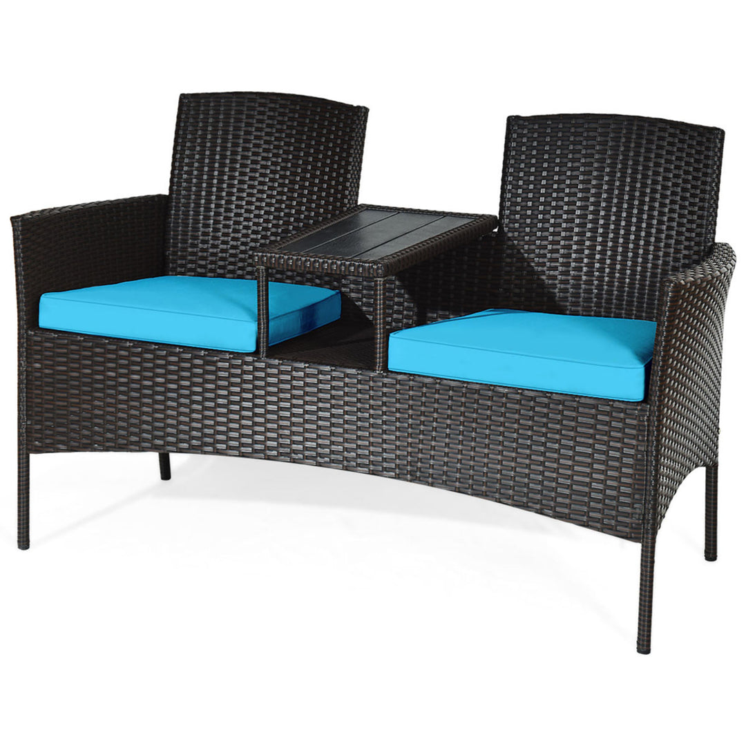 Gymax Rattan Wicker Patio Conversation Set w/ Loveseat Table Turquoise Cushion Image 4