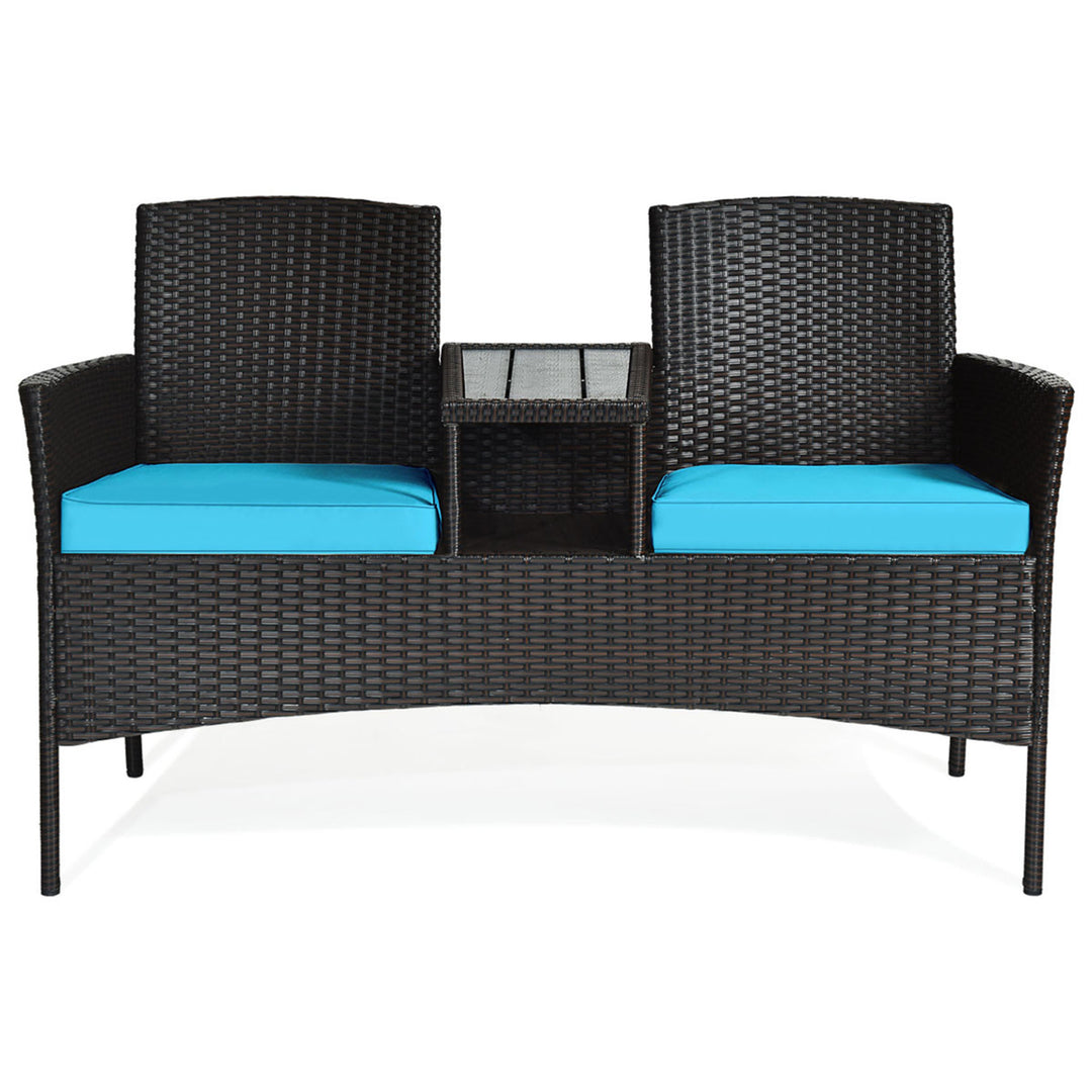 Gymax Rattan Wicker Patio Conversation Set w/ Loveseat Table Turquoise Cushion Image 5