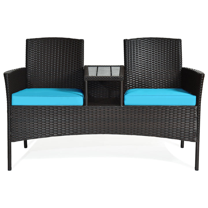 Gymax Rattan Wicker Patio Conversation Set w/ Loveseat Table Turquoise Cushion Image 5