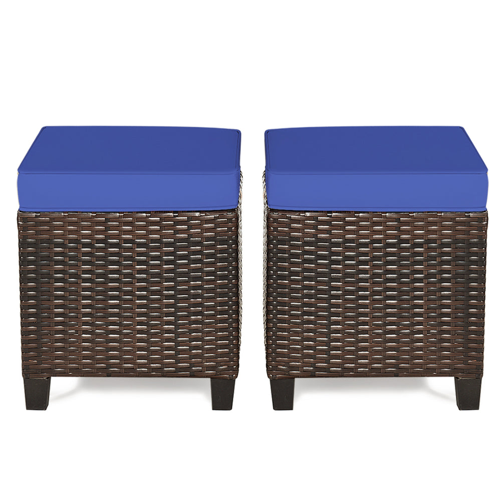 Set of 2 Patio Rattan Ottoman Footrest Garden Outdoor w/ Navy Cushion Image 2