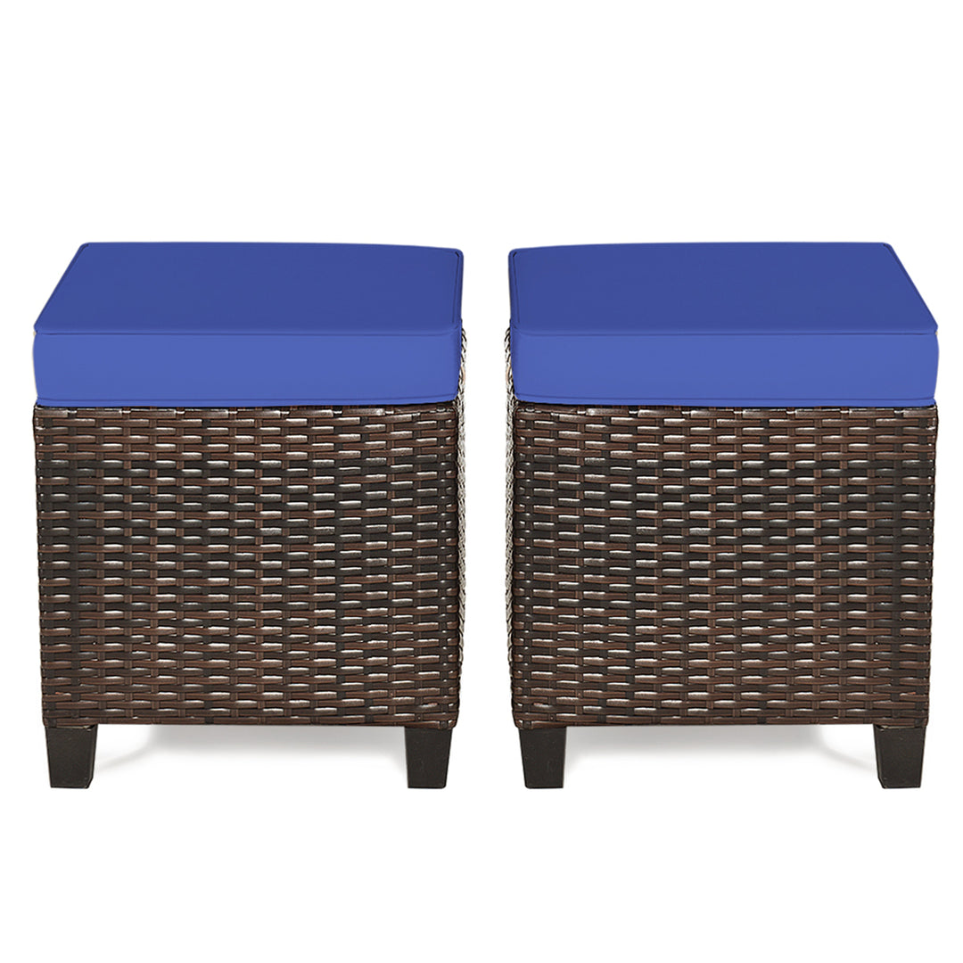 Set of 2 Patio Rattan Ottoman Footrest Garden Outdoor w/ Navy Cushion Image 2