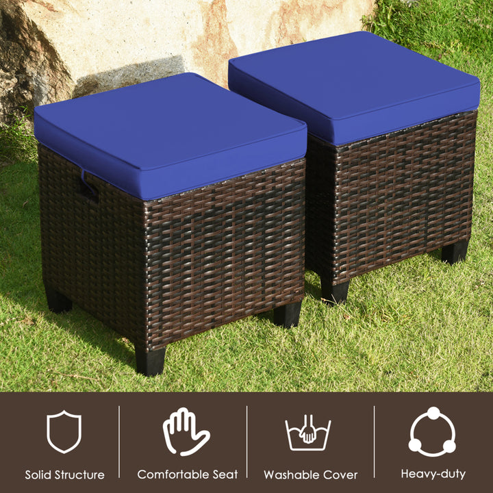 Set of 2 Patio Rattan Ottoman Footrest Garden Outdoor w/ Navy Cushion Image 7