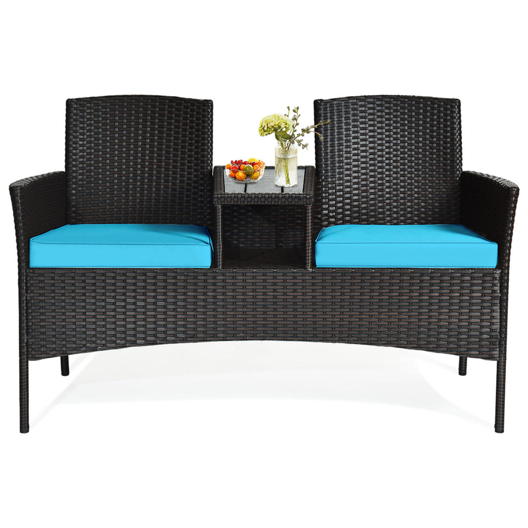 Gymax Rattan Wicker Patio Conversation Set w/ Loveseat Table Turquoise Cushion Image 7