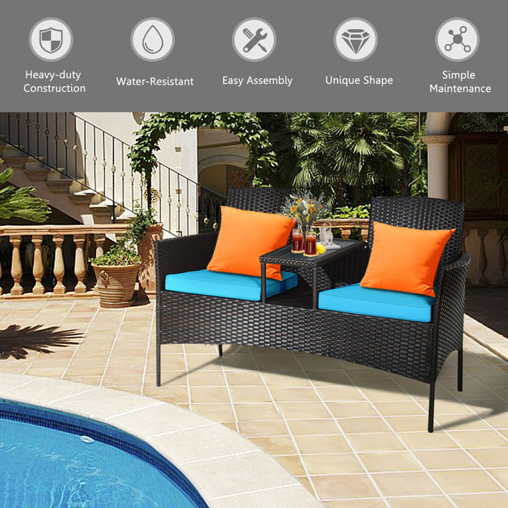 Gymax Rattan Wicker Patio Conversation Set w/ Loveseat Table Turquoise Cushion Image 8