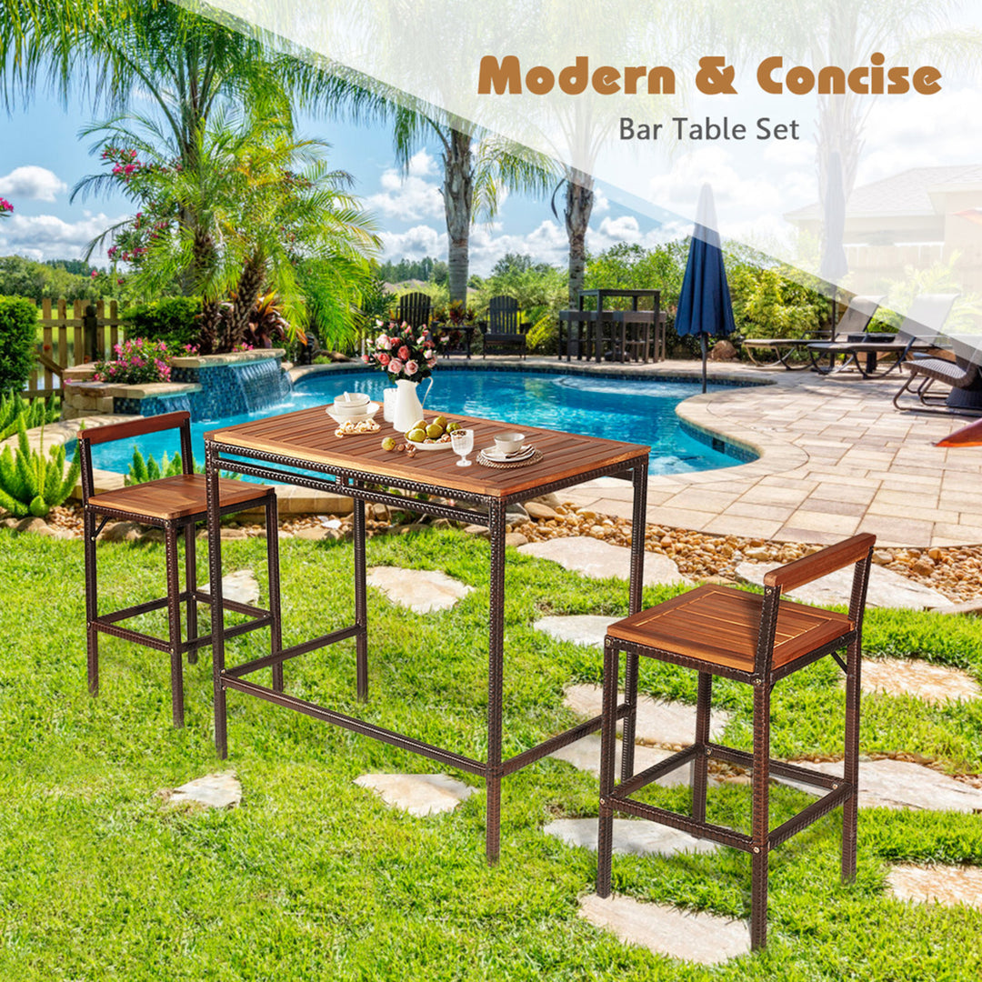 3PCS Patio Bar Set Dining Set Outdoor Furniture Set w/ Wooden Tabletop Image 4