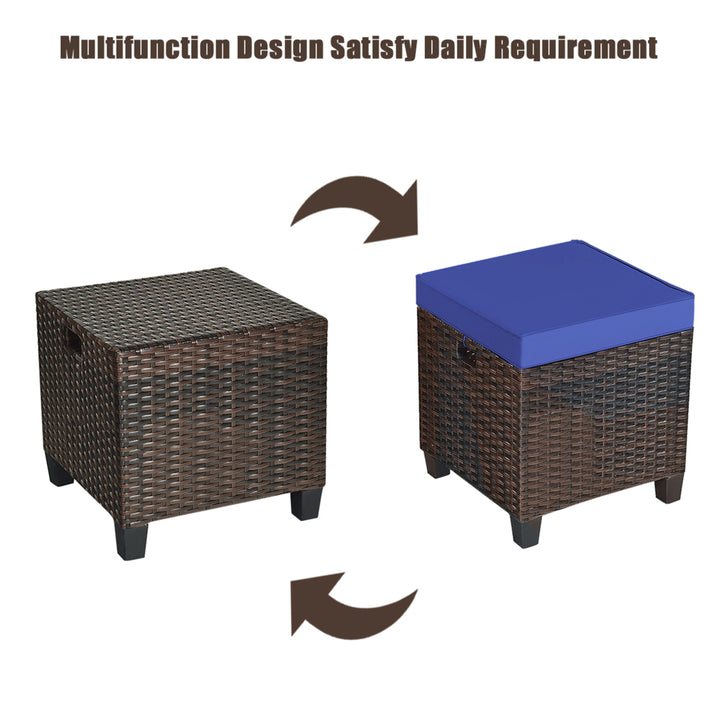 Set of 2 Patio Rattan Ottoman Footrest Garden Outdoor w/ Navy Cushion Image 8