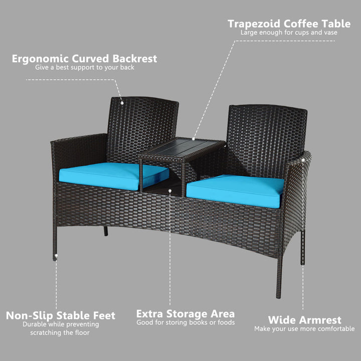 Gymax Rattan Wicker Patio Conversation Set w/ Loveseat Table Turquoise Cushion Image 9