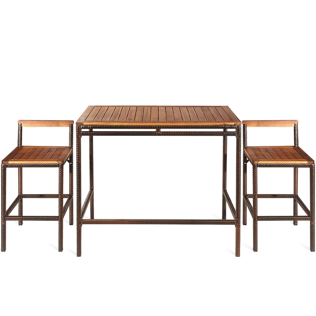 3PCS Patio Bar Set Dining Set Outdoor Furniture Set w/ Wooden Tabletop Image 6