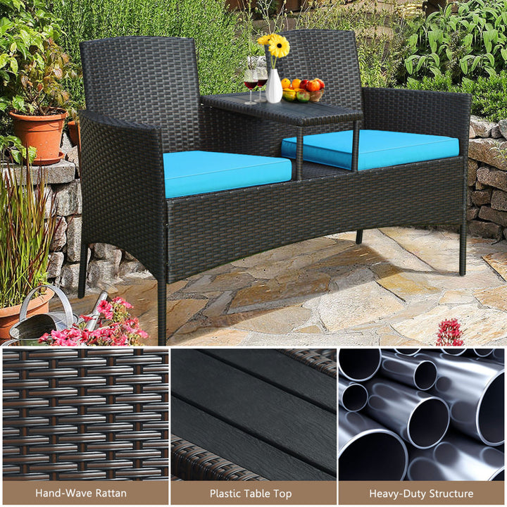 Gymax Rattan Wicker Patio Conversation Set w/ Loveseat Table Turquoise Cushion Image 10