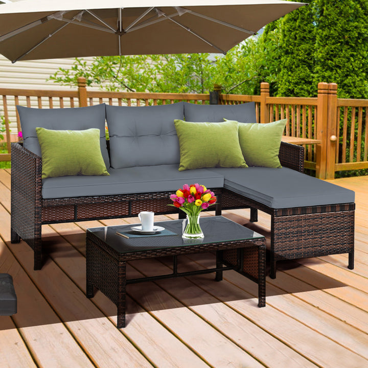 3PCS Outdoor Rattan Furniture Set Patio Couch Sofa Set w/ Cushion Image 1