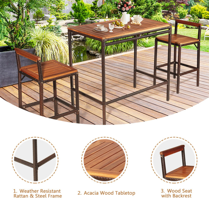 3PCS Patio Bar Set Dining Set Outdoor Furniture Set w/ Wooden Tabletop Image 10