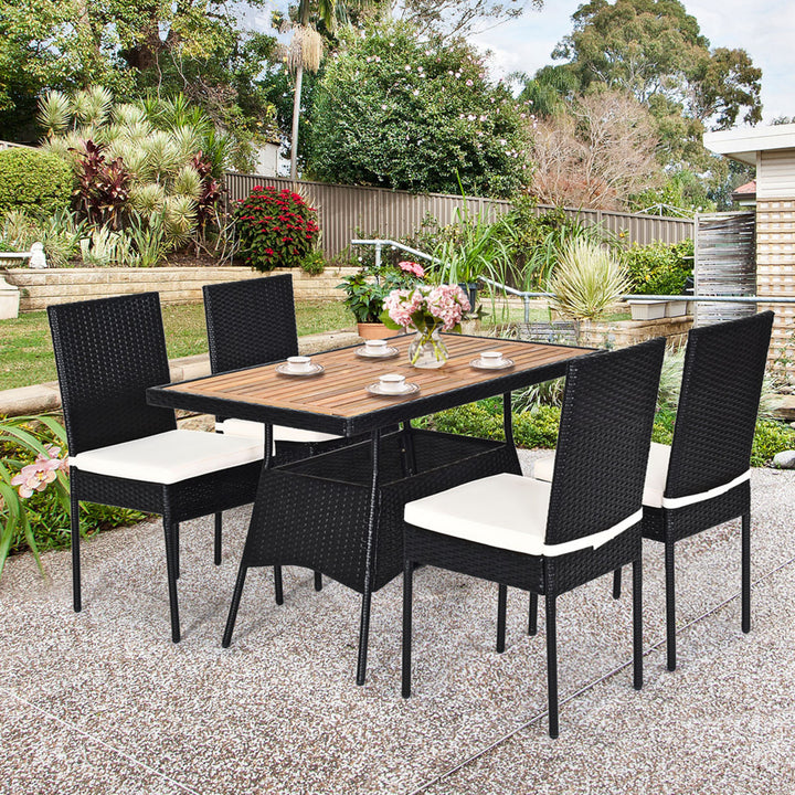 5PCS Rattan Patio Dining Set Outdoor w/ Cushion Wooden Tabletop 4 Chairs Image 1