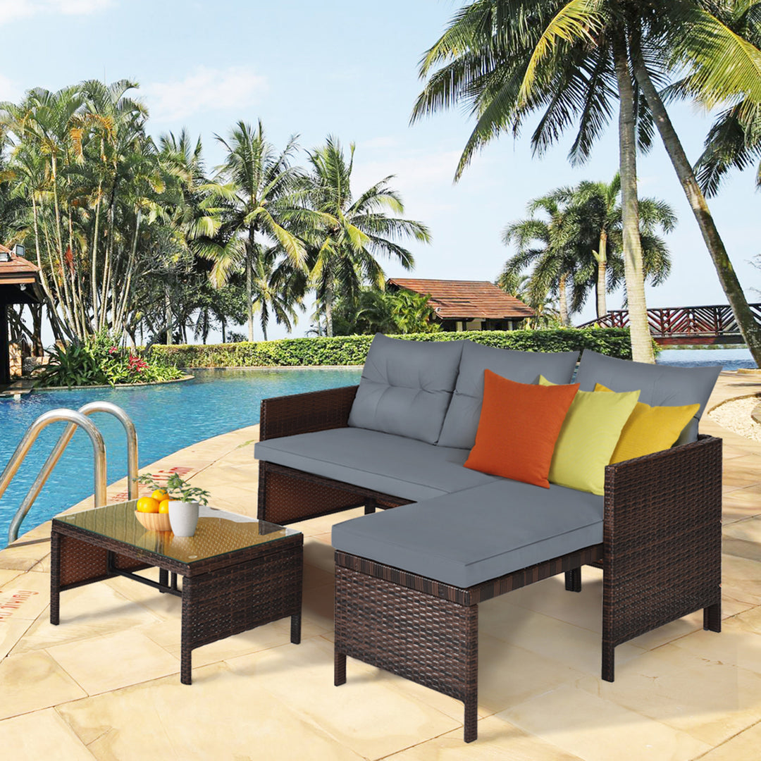 3PCS Outdoor Rattan Furniture Set Patio Couch Sofa Set w/ Cushion Image 5