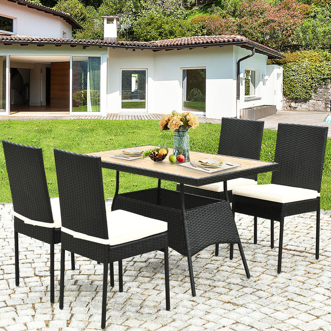 5PCS Rattan Patio Dining Set Outdoor w/ Cushion Wooden Tabletop 4 Chairs Image 6