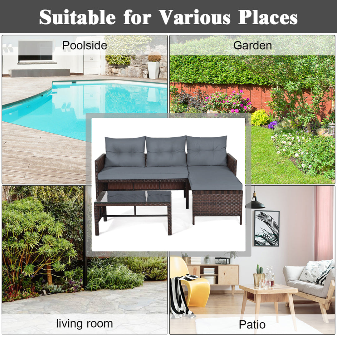 3PCS Outdoor Rattan Furniture Set Patio Couch Sofa Set w/ Cushion Image 6