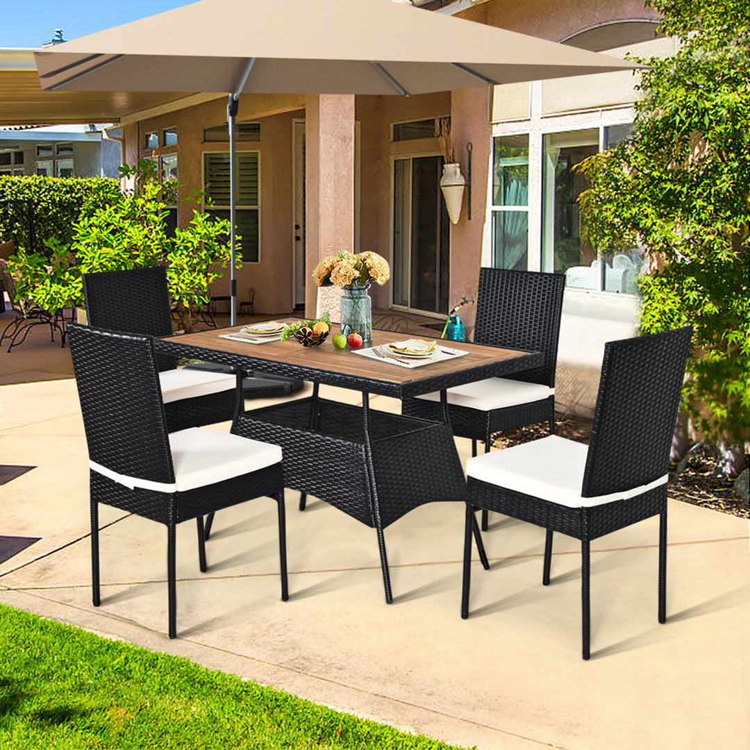 5PCS Rattan Patio Dining Set Outdoor w/ Cushion Wooden Tabletop 4 Chairs Image 4