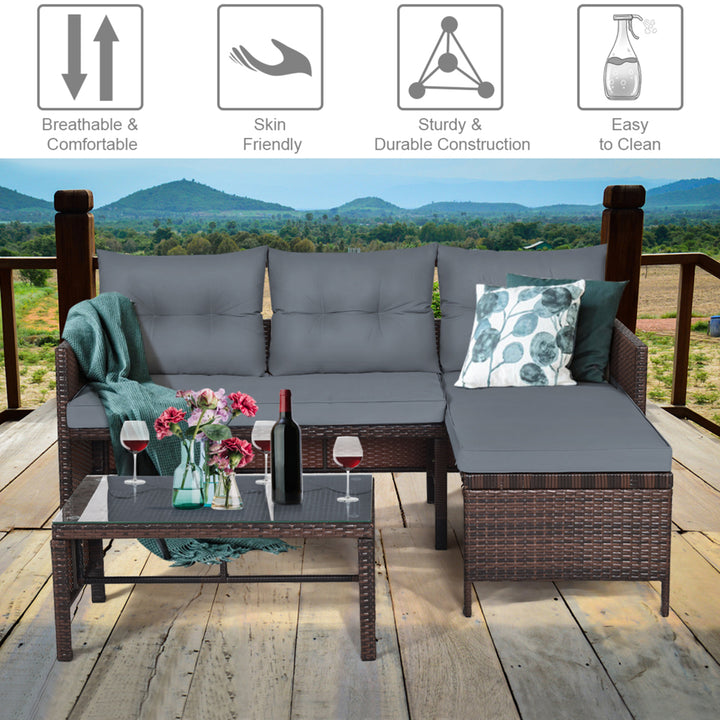 3PCS Outdoor Rattan Furniture Set Patio Couch Sofa Set w/ Cushion Image 7