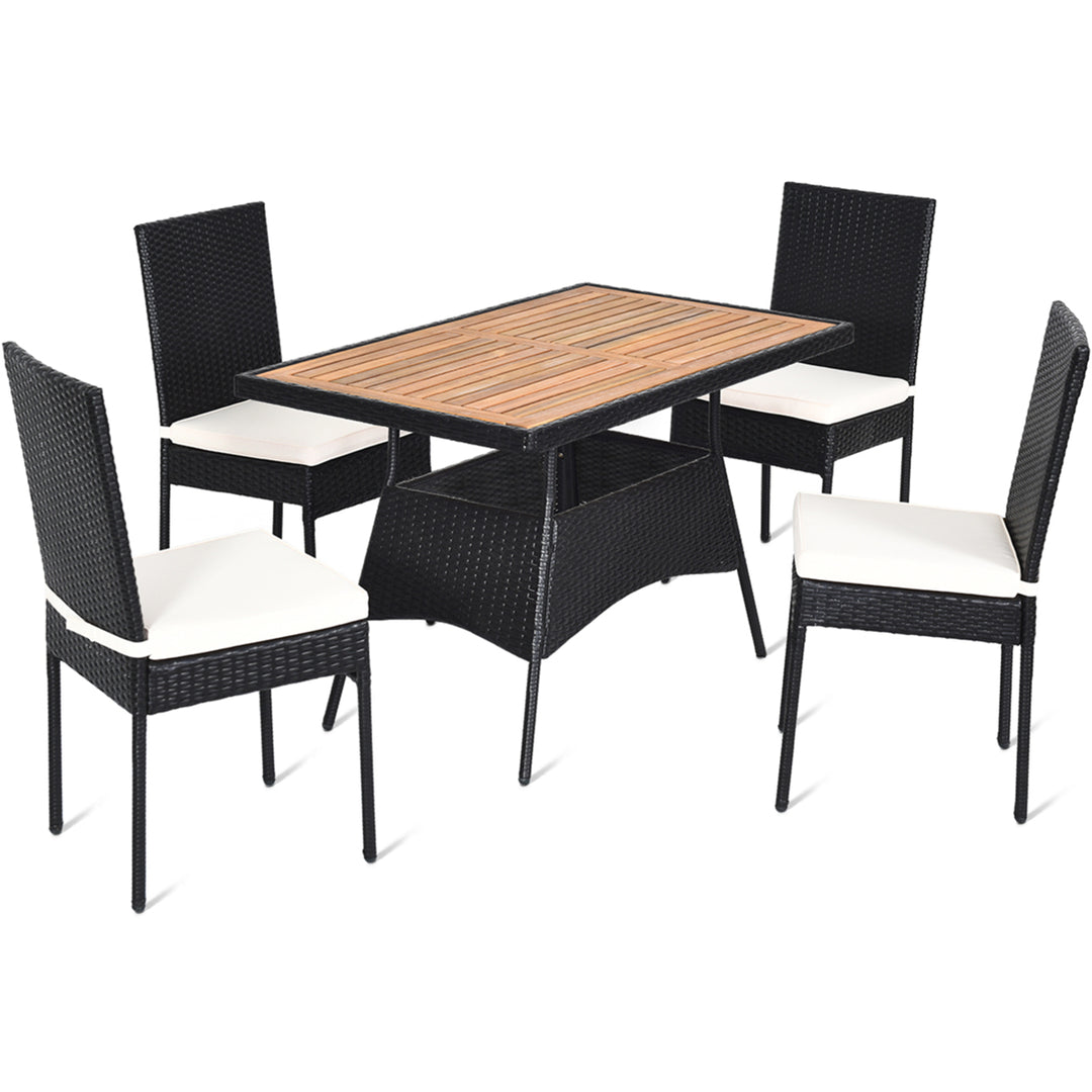 5PCS Rattan Patio Dining Set Outdoor w/ Cushion Wooden Tabletop 4 Chairs Image 2