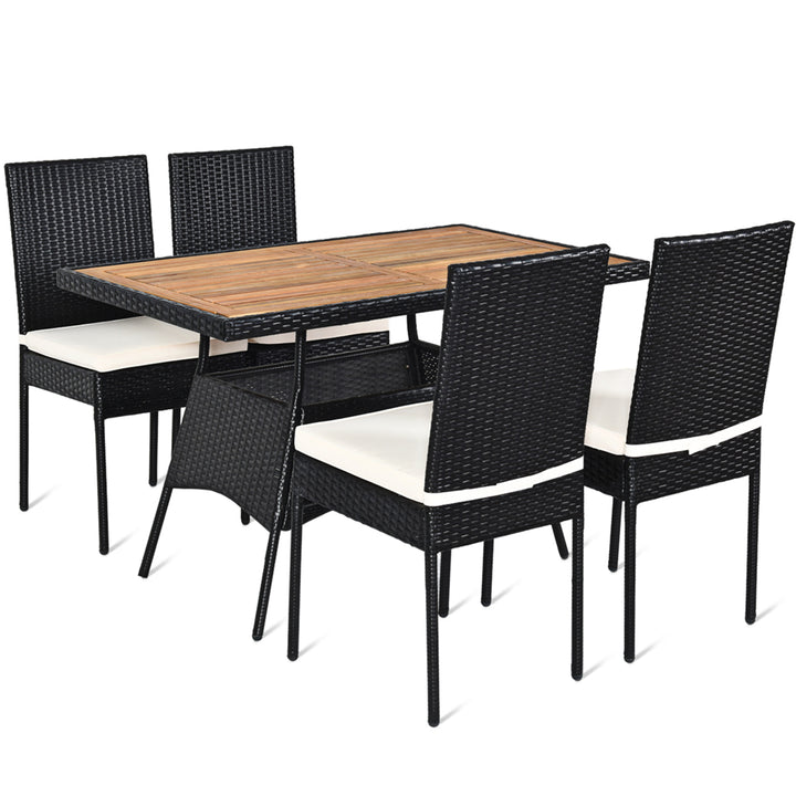 5PCS Rattan Patio Dining Set Outdoor w/ Cushion Wooden Tabletop 4 Chairs Image 7