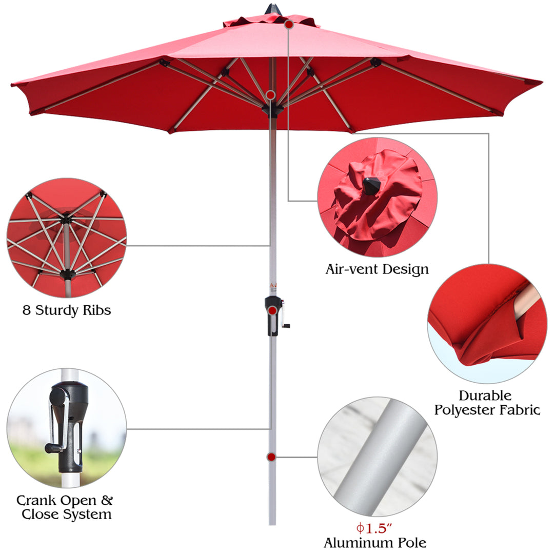 9Ft Patio Outdoor Umbrella Market Table Umbrella w/ Crank 8 Ribs Burgundy Image 9