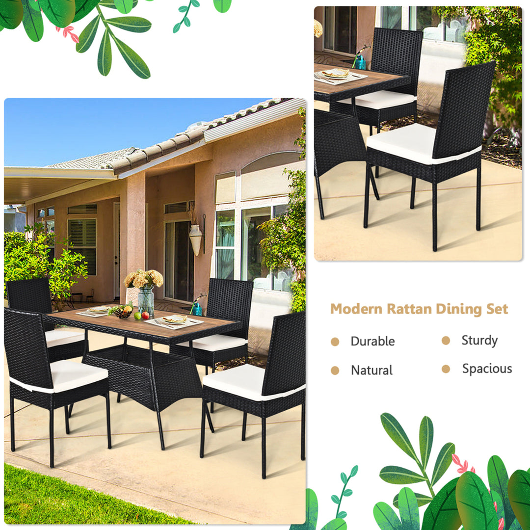 5PCS Rattan Patio Dining Set Outdoor w/ Cushion Wooden Tabletop 4 Chairs Image 8