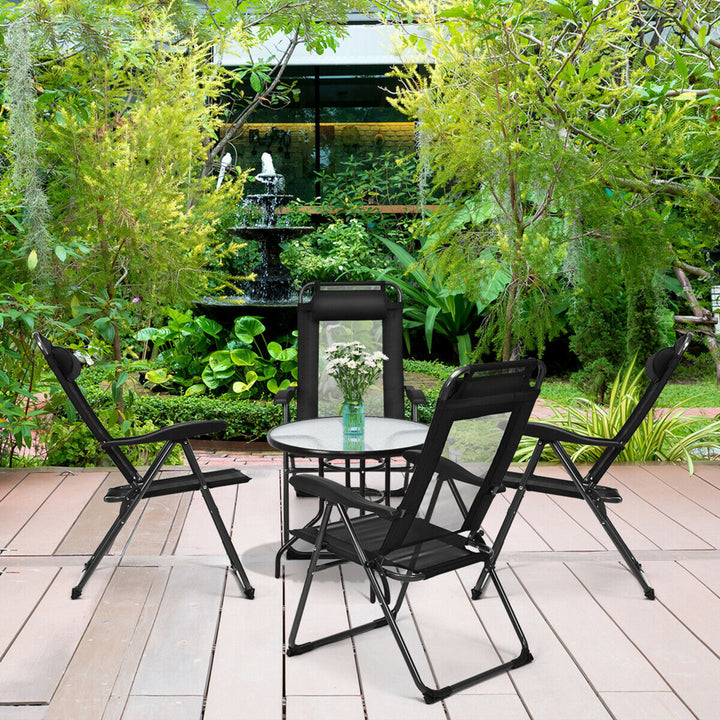 4PC Folding Chairs Adjustable Reclining Chairs with Headrest Patio Garden Black Image 2