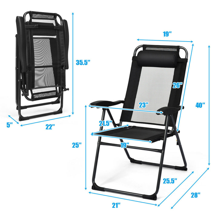 4PC Folding Chairs Adjustable Reclining Chairs with Headrest Patio Garden Black Image 3