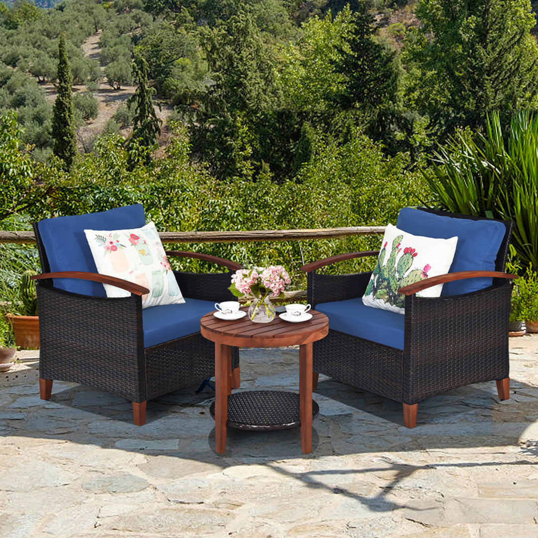 3PCS Patio Wicker Rattan Conversation Set Outdoor Furniture Set w/ Cushion Image 5