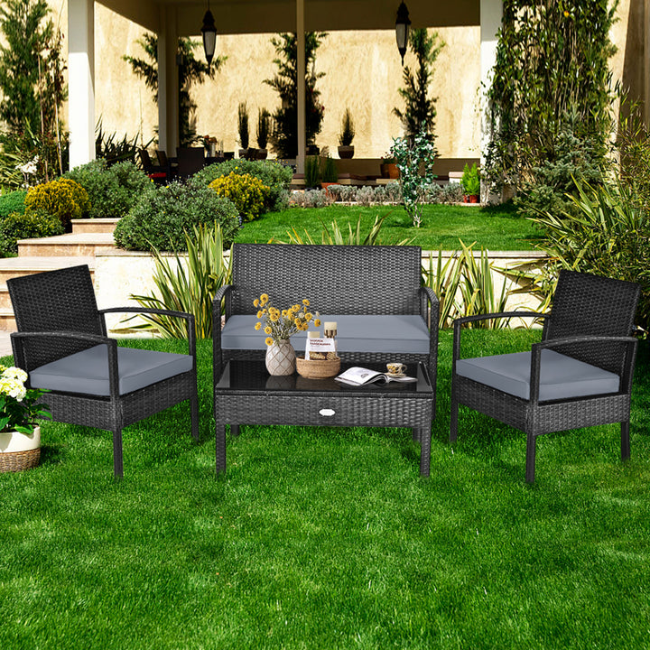 8PCS Patio Wicker Rattan Conversation Set Outdoor Furniture Set w/ Cushion Image 4