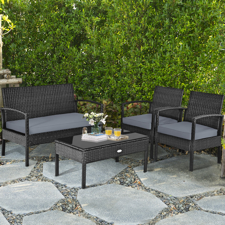 8PCS Patio Wicker Rattan Conversation Set Outdoor Furniture Set w/ Cushion Image 5