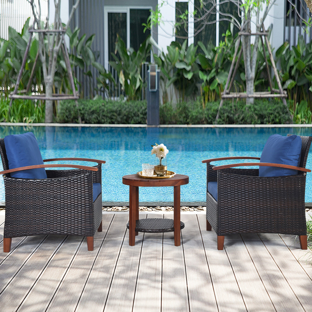 3PCS Patio Wicker Rattan Conversation Set Outdoor Furniture Set w/ Cushion Image 4