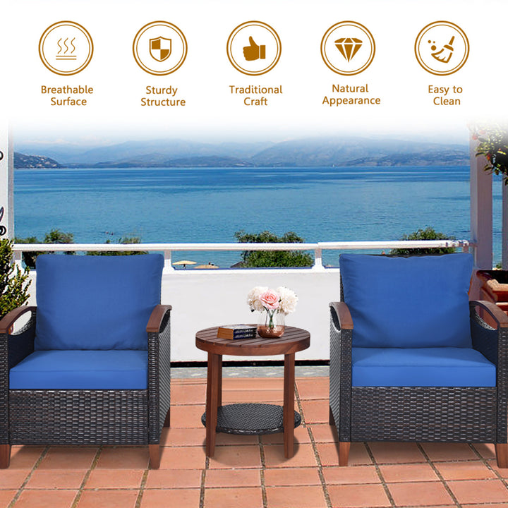 3PCS Patio Wicker Rattan Conversation Set Outdoor Furniture Set w/ Cushion Image 7