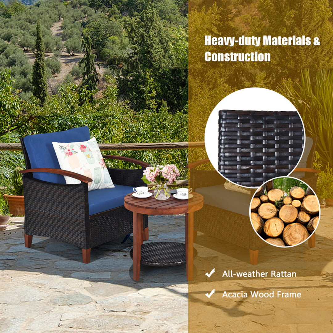 3PCS Patio Wicker Rattan Conversation Set Outdoor Furniture Set w/ Cushion Image 8