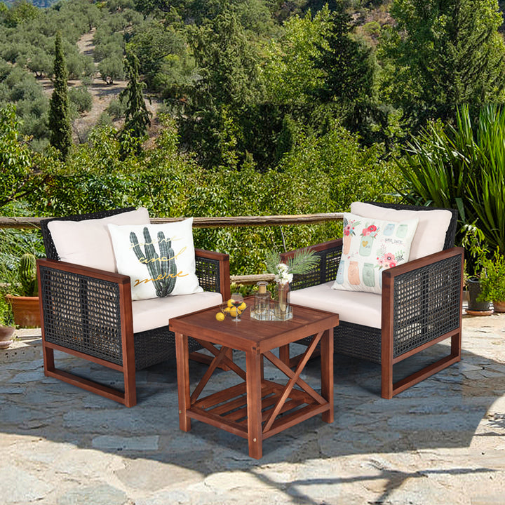 3PCS Rattan Wicker Patio Conversation Set Outdoor Furniture Set w/ Cushion Image 1