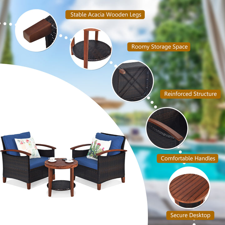 3PCS Patio Wicker Rattan Conversation Set Outdoor Furniture Set w/ Cushion Image 9