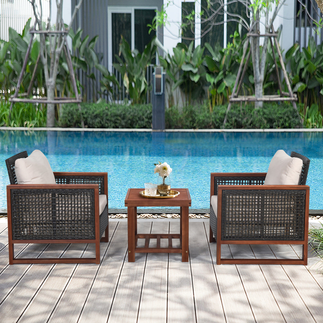 3PCS Rattan Wicker Patio Conversation Set Outdoor Furniture Set w/ Cushion Image 3