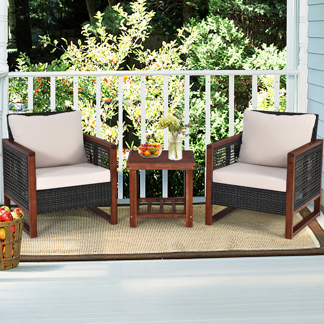 3PCS Rattan Wicker Patio Conversation Set Outdoor Furniture Set w/ Cushion Image 4