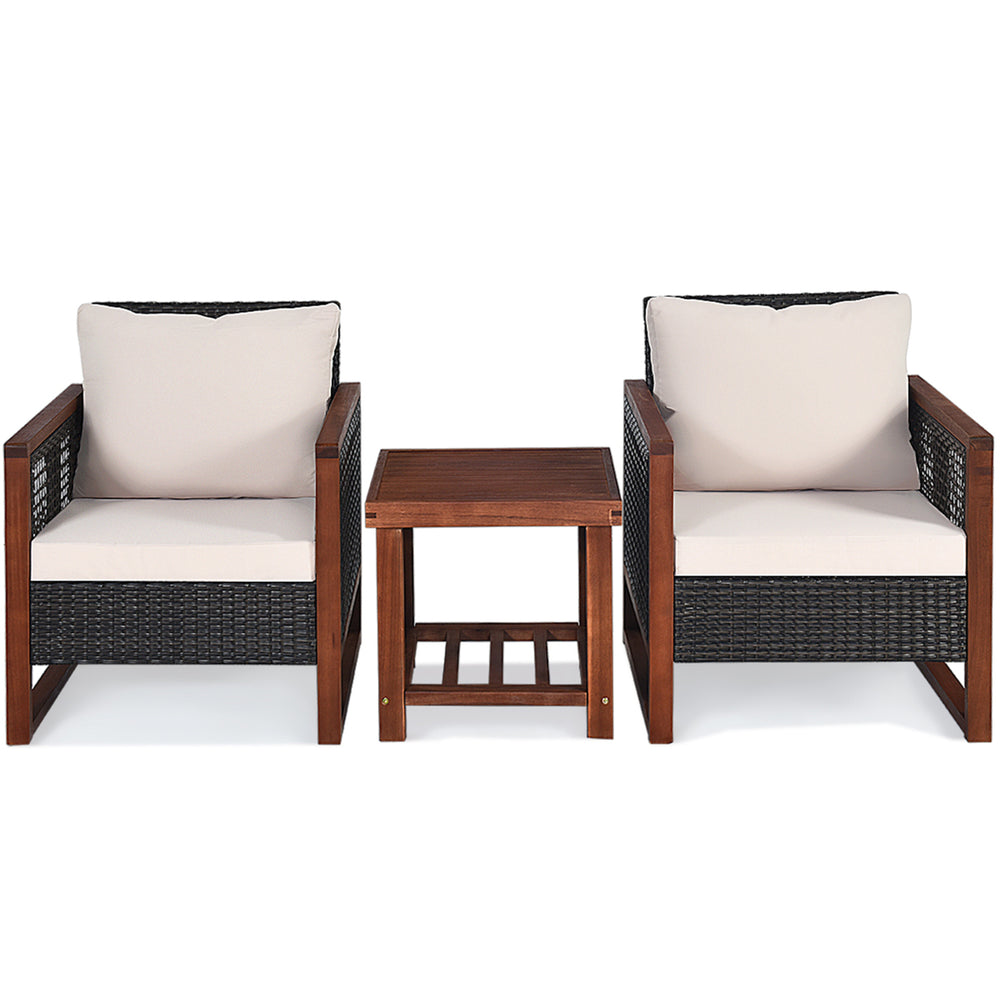 3PCS Rattan Wicker Patio Conversation Set Outdoor Furniture Set w/ Cushion Image 2