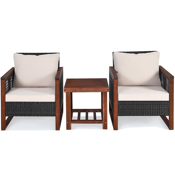 3PCS Rattan Wicker Patio Conversation Set Outdoor Furniture Set w/ Cushion Image 2