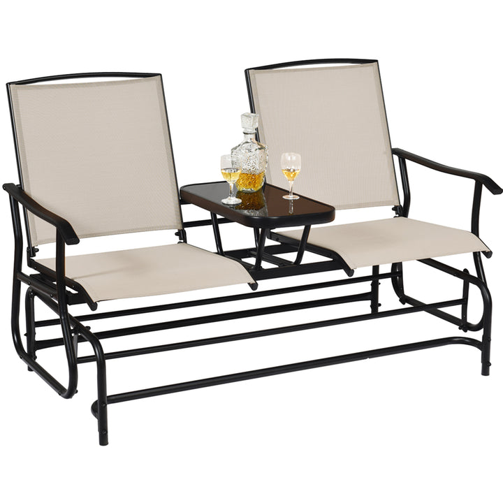 Patio 2-Person Glider Rocking Char Loveseat Garden w/ Tempered Glass Table Image 5