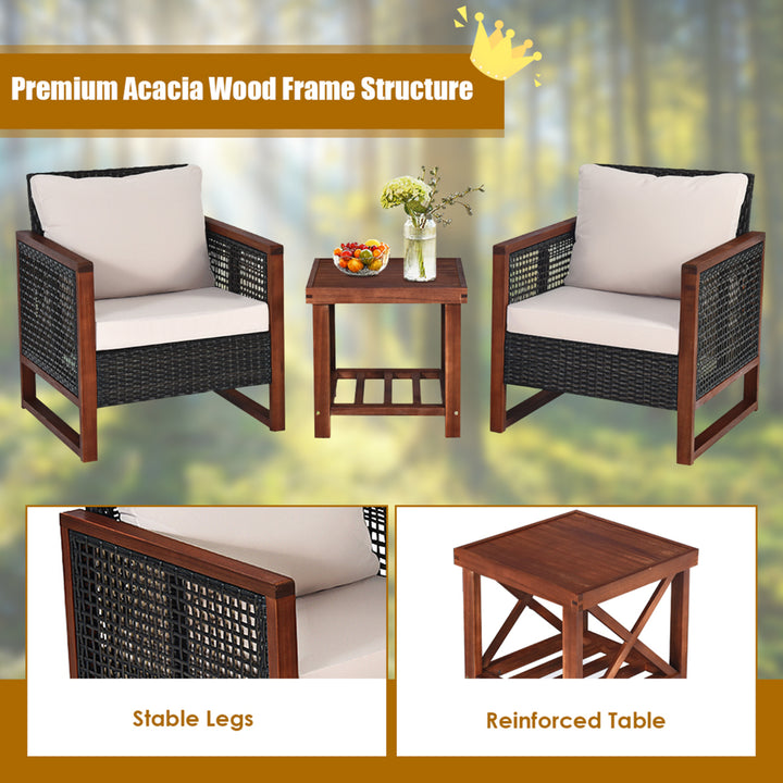 3PCS Rattan Wicker Patio Conversation Set Outdoor Furniture Set w/ Cushion Image 8