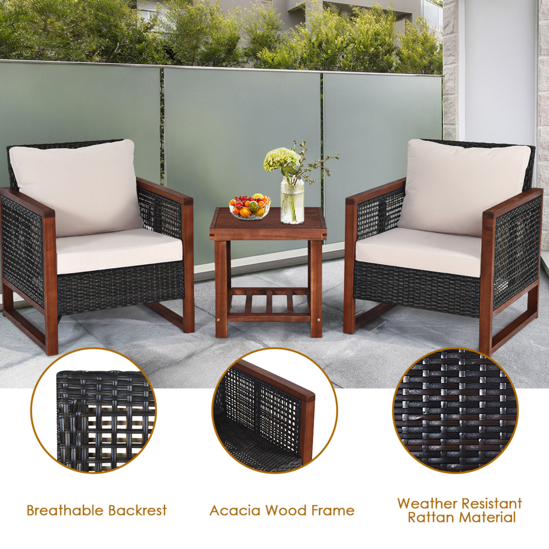 3PCS Rattan Wicker Patio Conversation Set Outdoor Furniture Set w/ Cushion Image 9