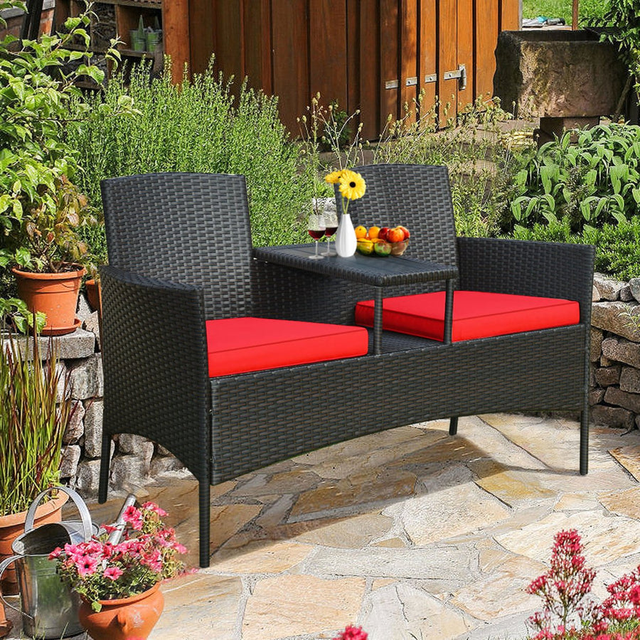 Gymax Rattan Wicker Patio Conversation Set w/ Loveseat Table Red Cushion Image 1