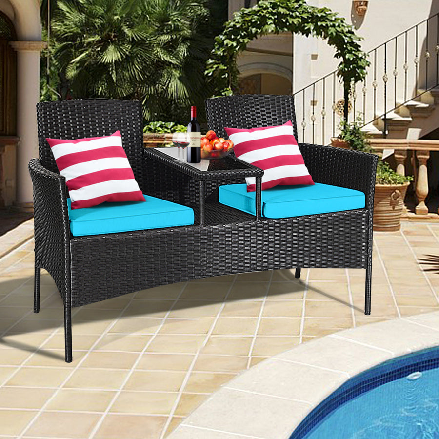 Rattan Wicker Patio Conversation Set w/ Table Turquoise Cushion Image 1