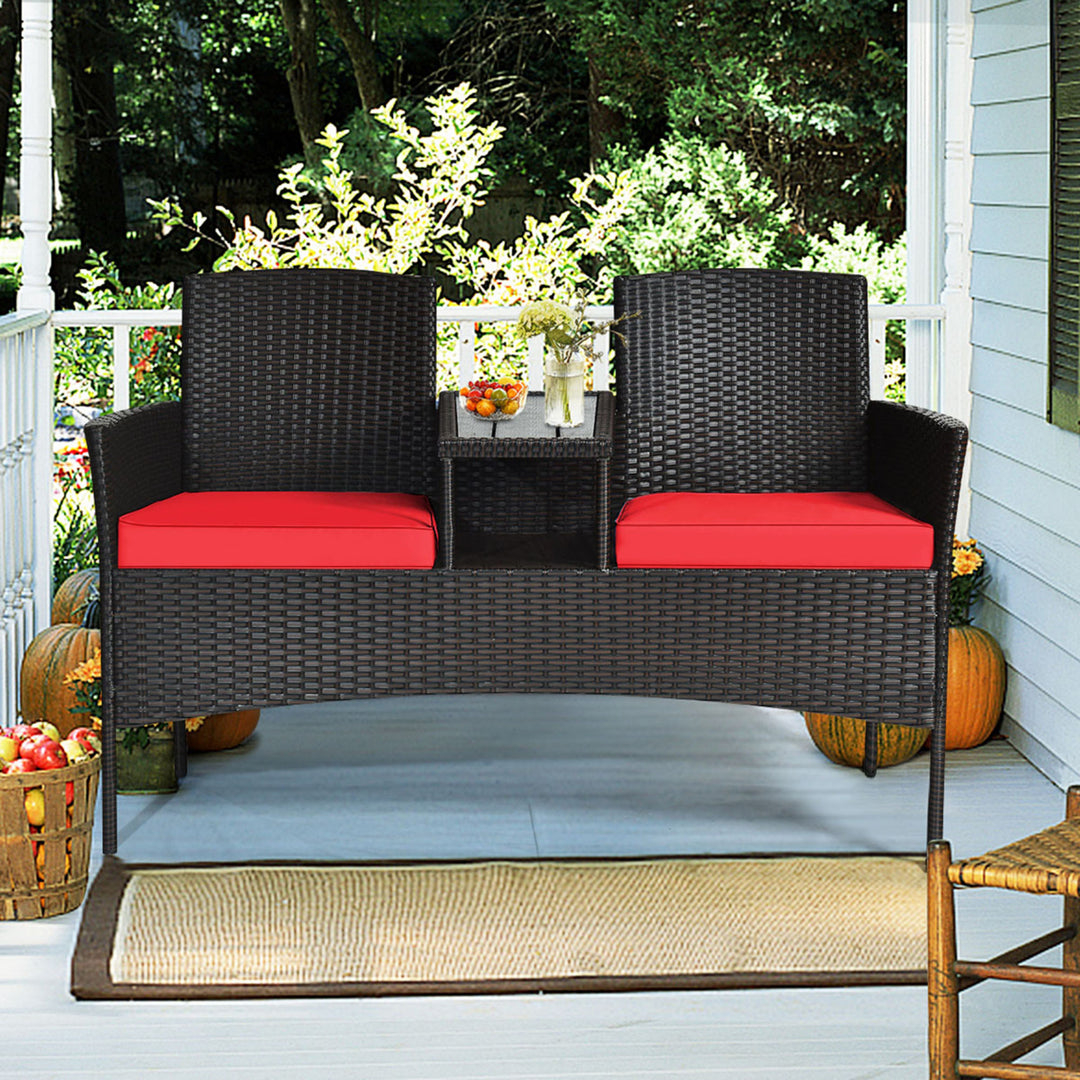 Gymax Rattan Wicker Patio Conversation Set w/ Loveseat Table Red Cushion Image 3