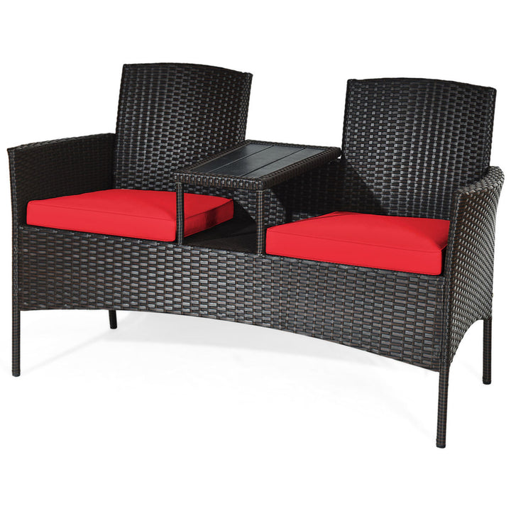 Gymax Rattan Wicker Patio Conversation Set w/ Loveseat Table Red Cushion Image 4