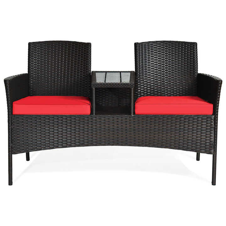 Gymax Rattan Wicker Patio Conversation Set w/ Loveseat Table Red Cushion Image 5