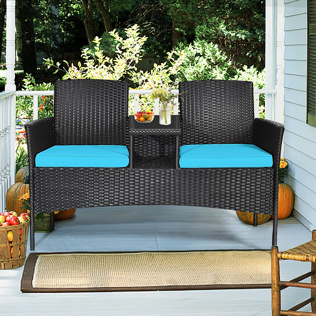 Rattan Wicker Patio Conversation Set w/ Table Turquoise Cushion Image 3